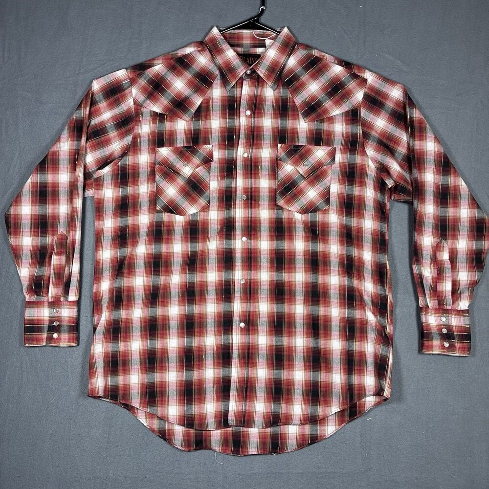 Plains Western Wear Shirt Mens Large Red White Black Plaid Pearl Snap Gold